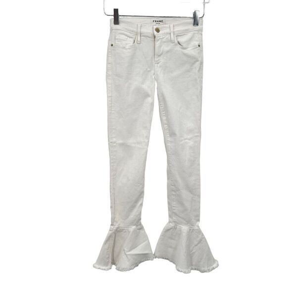 FRAME Le Skinny de Jeanne 24 Flounce Ankle Jeans Raw Edge Hem White Bell Bottom - Picture 1 of 11